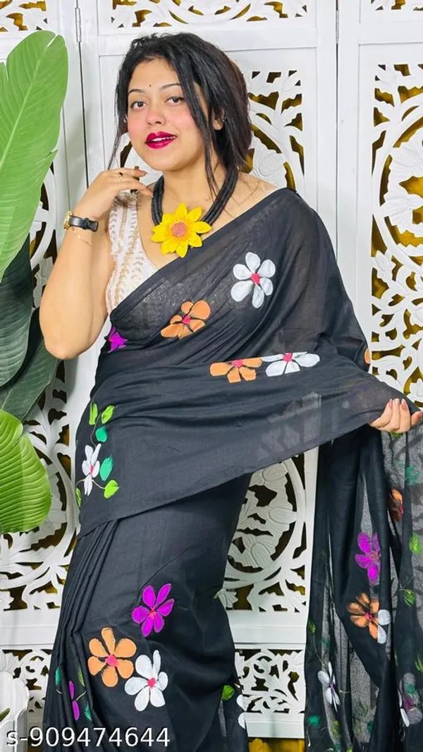 Black_Khadi_Cotton_Hand_Printed_Saree_For_Women