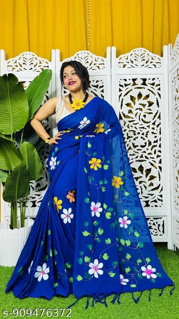 Blue_Khadi_Cotton_Hand_Printed_Saree_For_Women