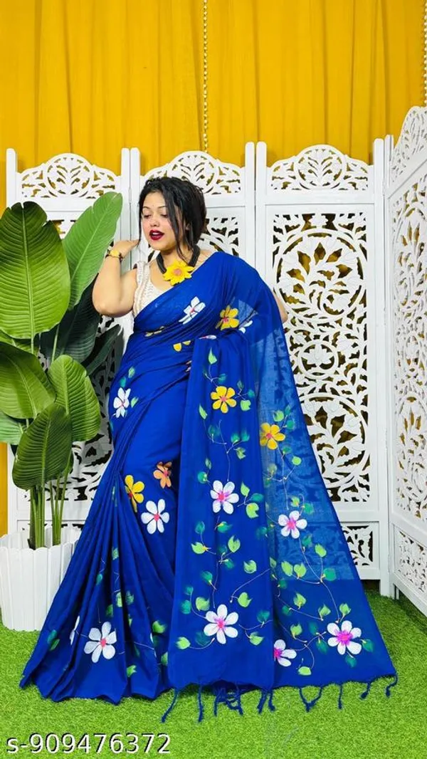 Blue_Khadi_Cotton_Hand_Printed_Saree_For_Women