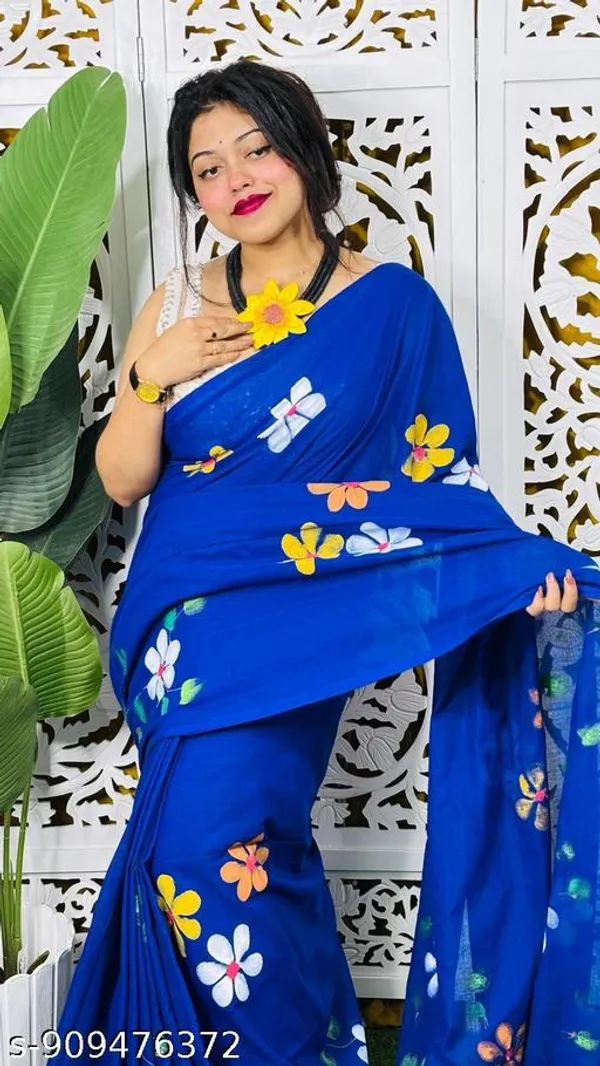 Blue_Khadi_Cotton_Hand_Printed_Saree_For_Women