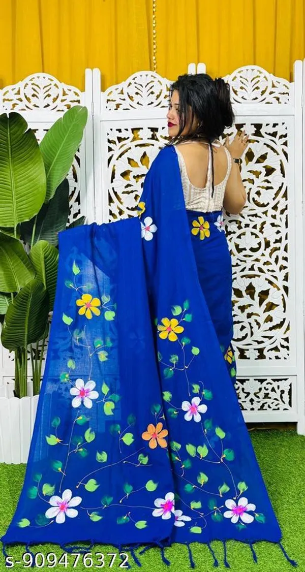 Blue_Khadi_Cotton_Hand_Printed_Saree_For_Women