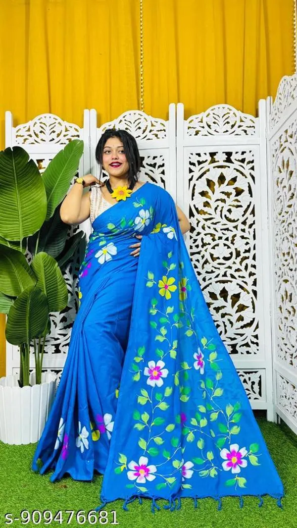 Blue_Khadi_Cotton_Hand_Printed_Lace_Border_Saree_For_Women