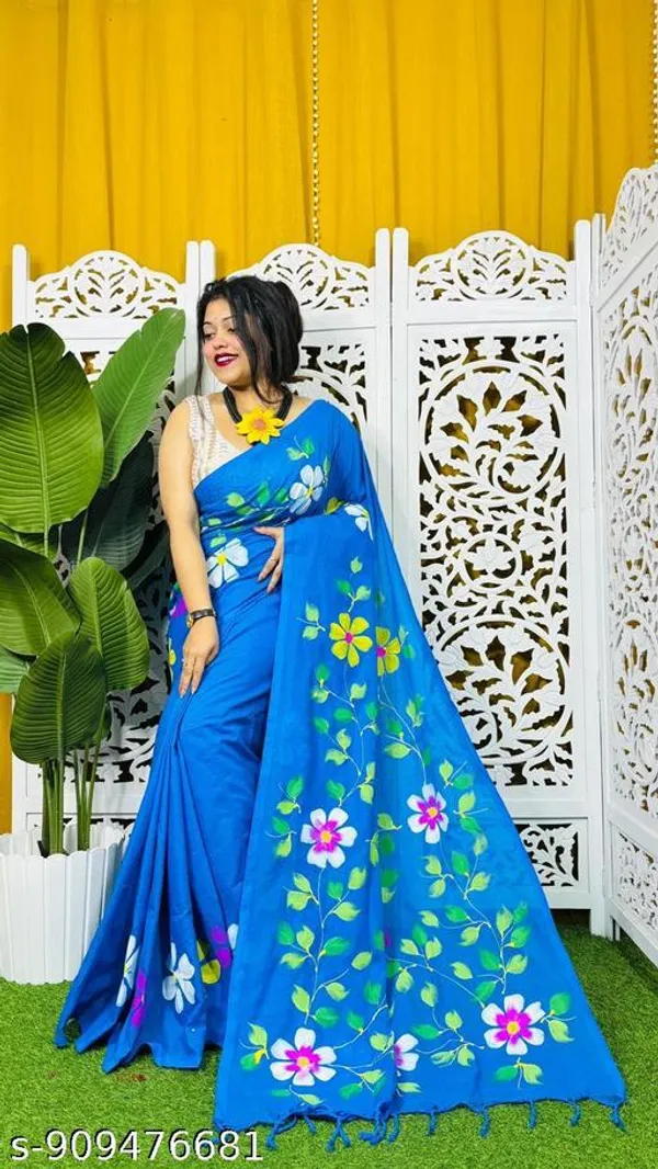 Blue_Khadi_Cotton_Hand_Printed_Lace_Border_Saree_For_Women