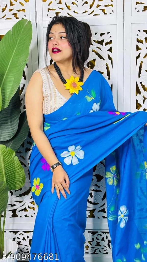 Blue_Khadi_Cotton_Hand_Printed_Lace_Border_Saree_For_Women