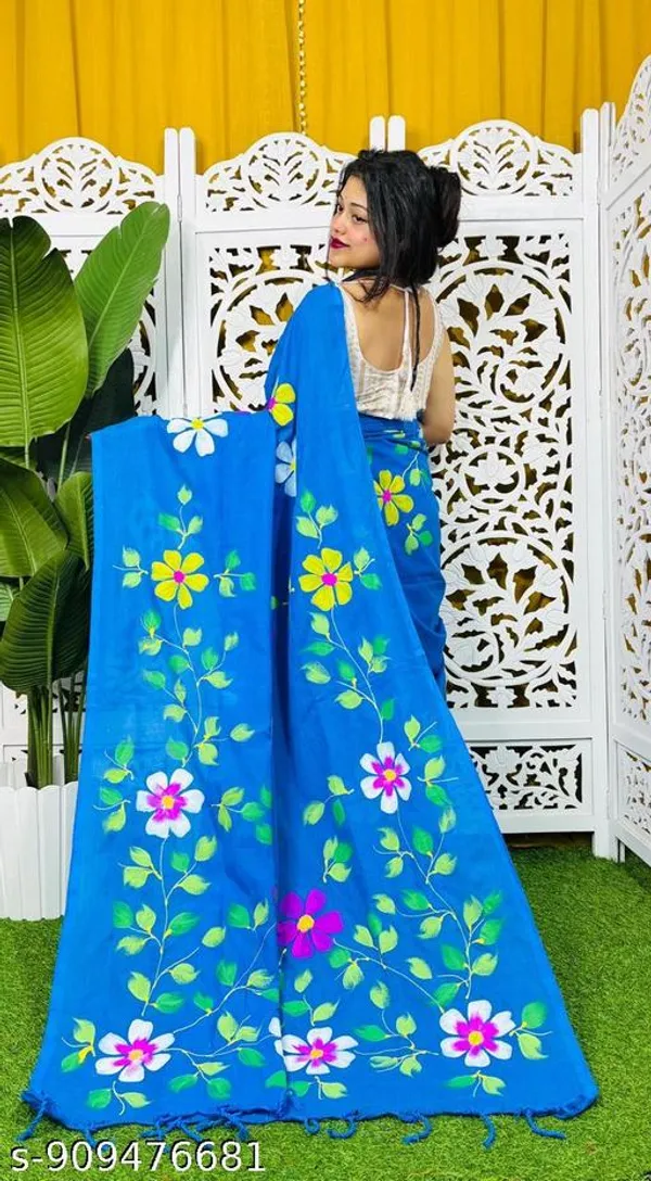 Blue_Khadi_Cotton_Hand_Printed_Lace_Border_Saree_For_Women
