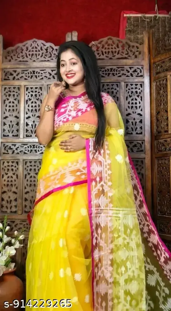 Yellow_Khadi_Cotton_Jamdani_Saree_For_Women