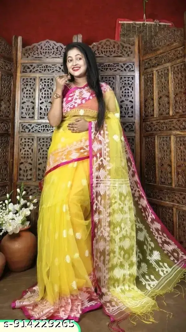 Yellow_Khadi_Cotton_Jamdani_Saree_For_Women