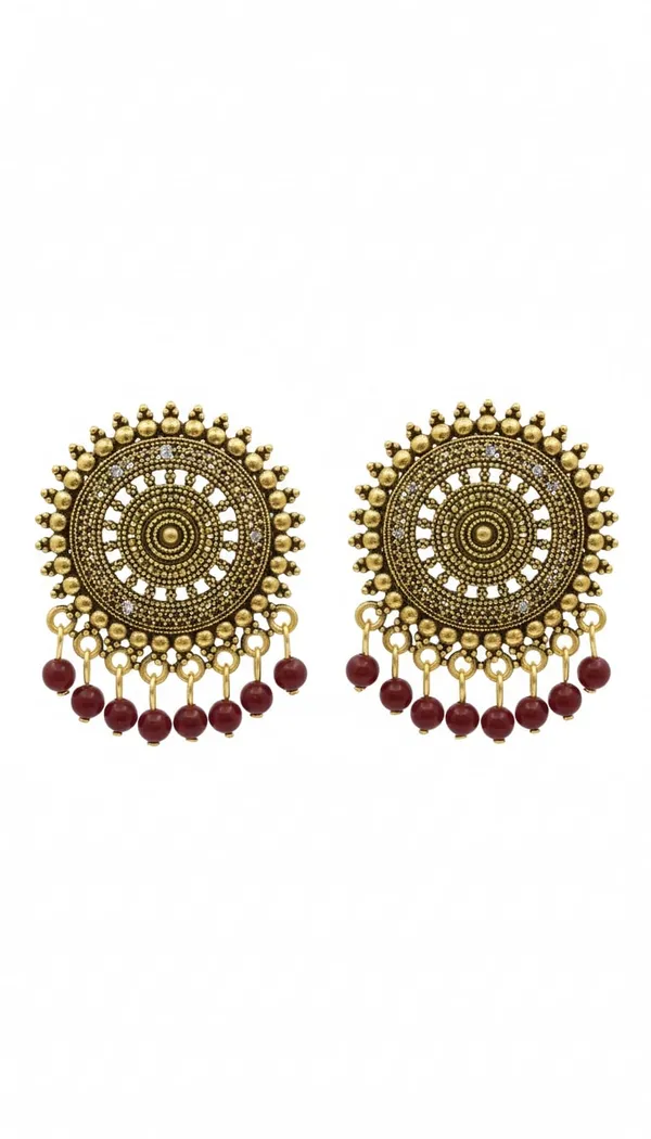 Gold_Tone_Textured_Earrings_With_Red_Bead_Danglers