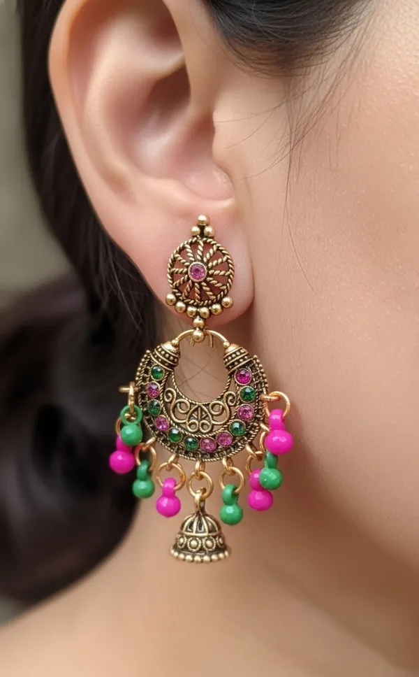 Antique_Gold_Chandbali_Earrings_With_Pink_&_Green_Stones_And_Jhumka_Drops