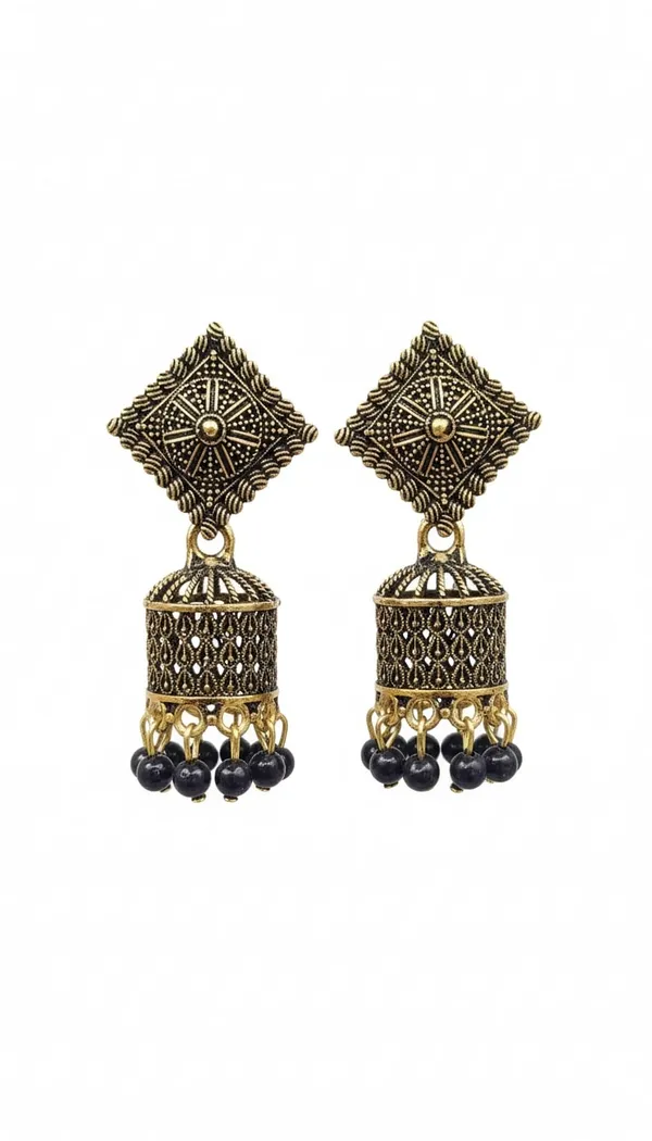 Black_And_Gold_Jhumka_Earrings_With_Textured_Square_Studs_And_Glossy_Bead_Danglers_For_A_Festive_Ethnic_Look