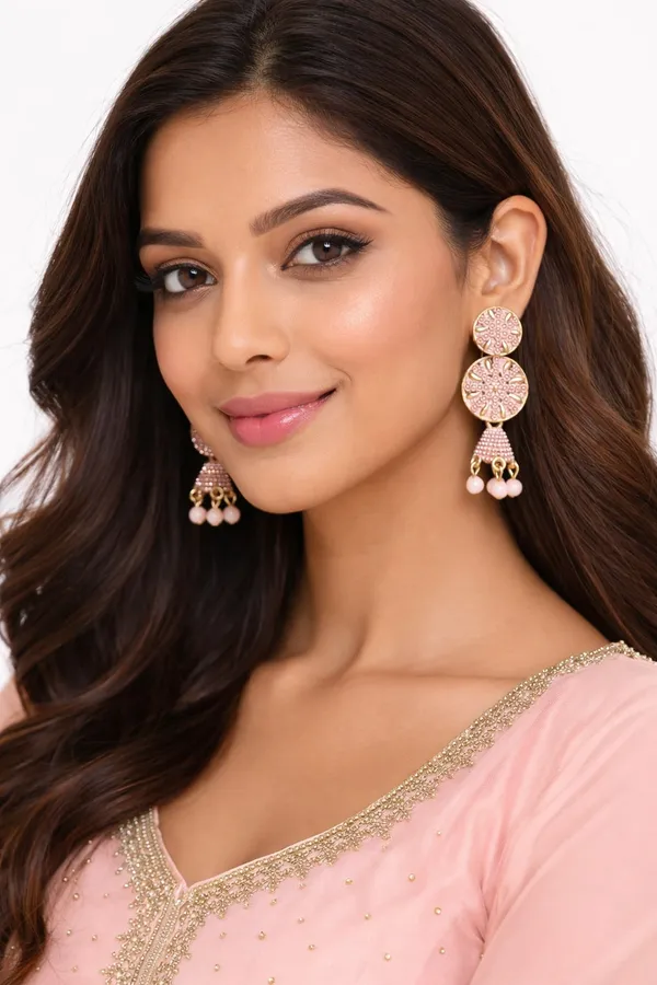 Gold_Toned_Circular_Jhumka_Earrings_With_Peach_Bead_Danglers