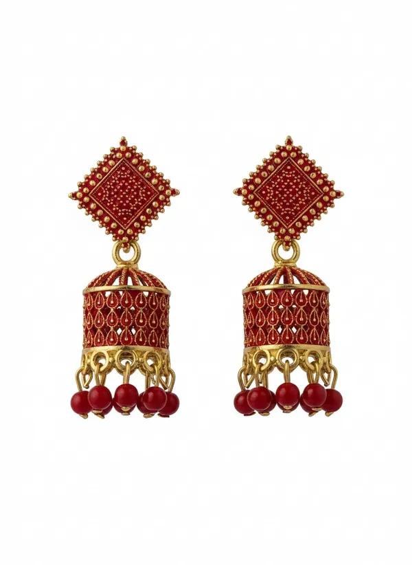 Red_And_Gold_Jhumka_Earrings_With_Textured_Square_Studs_And_Glossy_Bead_Danglers_For_A_Festive_Ethnic_Look