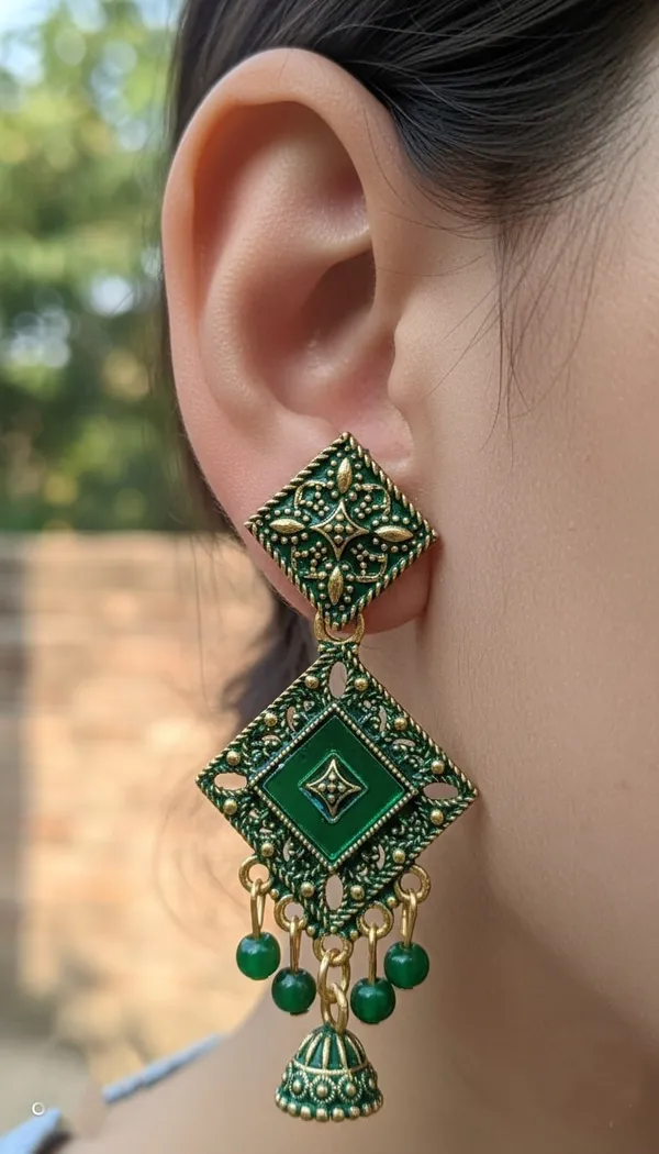 Gold_Green_Geometric_Jhumka_Earrings