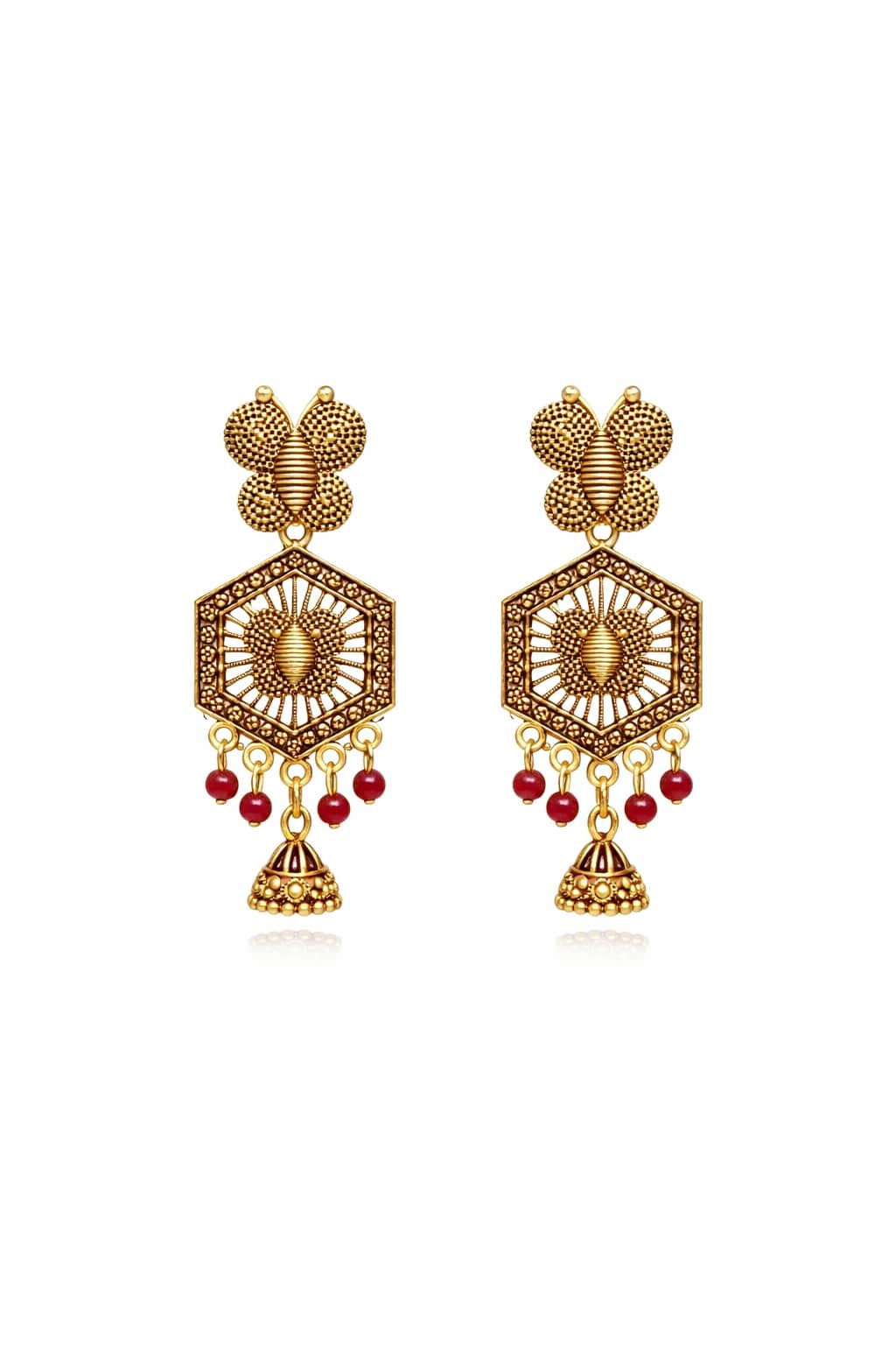 Gold_Toned_&_Maroon_Butterfly_Hexagon_Jhumka_Earrings