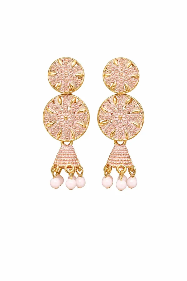 Gold_Toned_Circular_Jhumka_Earrings_With_Peach_Bead_Danglers