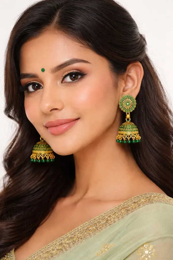 Gold_Tone_Jhumka_Earrings_With_Intricate_Detailing_And_Green_Bead_Drops