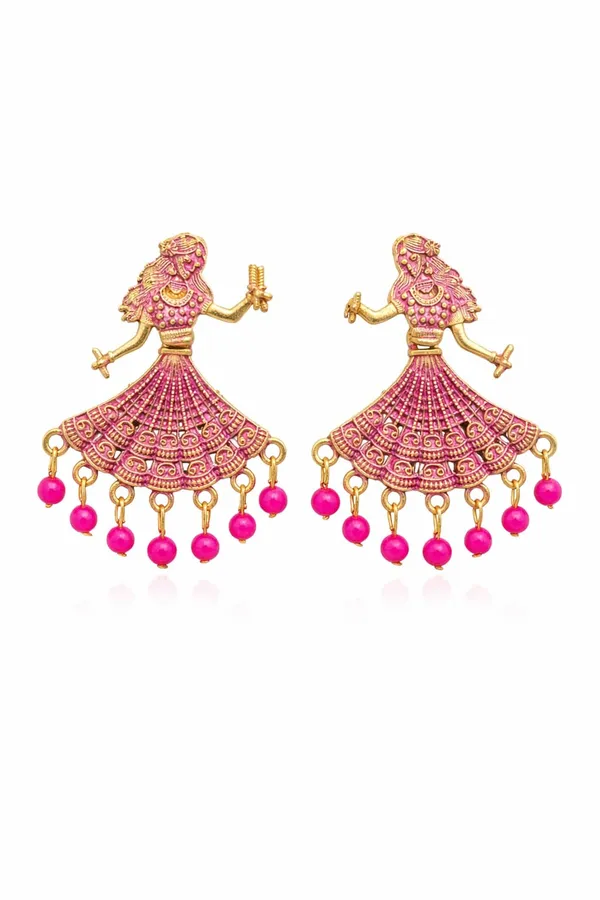 Gold_Tone_Earrings_Dancing_Woman_Motifs_With_Rani_Pink_Bead