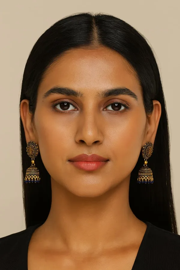 Gold_Tone_Jhumka_Earrings_With_Intricate_Detailing_And_Navy_Blue_Bead_Drops