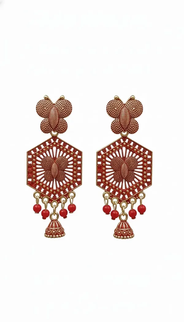 Gold_Toned_&_Red_Butterfly_Hexagon_Jhumka_Earrings