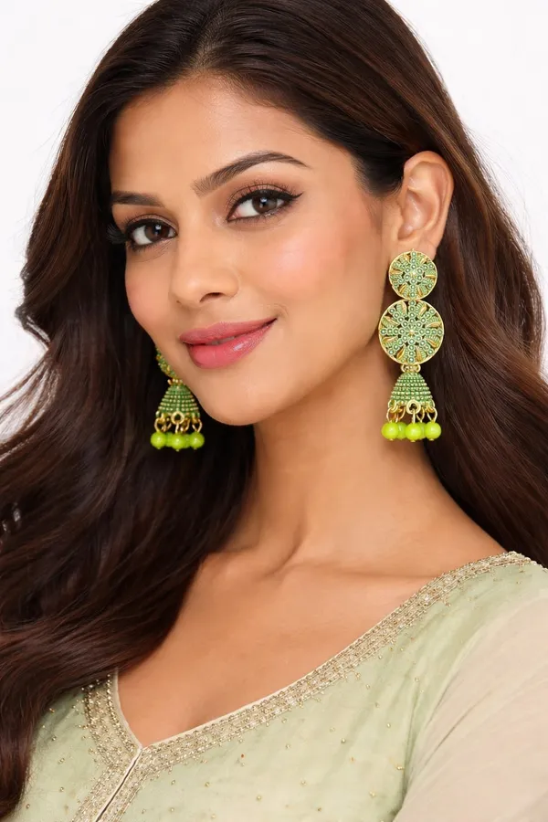 Gold_Toned_Circular_Jhumka_Earrings_With_Green_Bead_Danglers