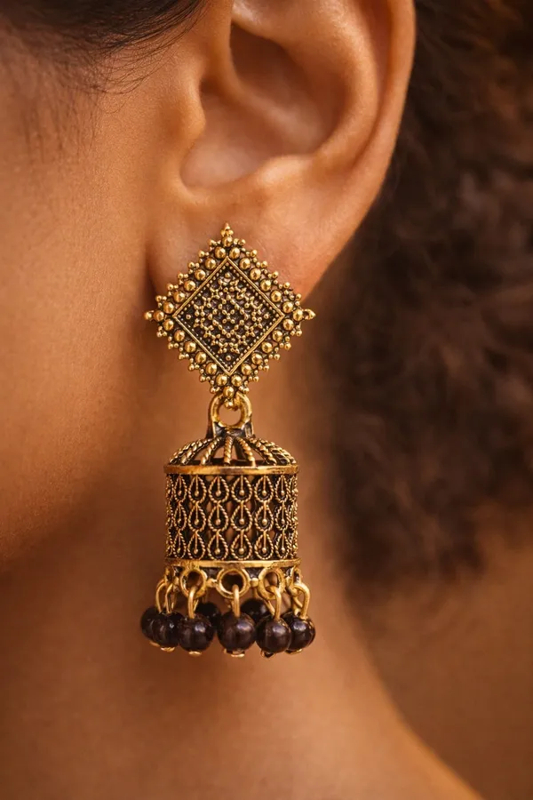 Black_And_Gold_Jhumka_Earrings_With_Textured_Square_Studs_And_Glossy_Bead_Danglers_For_A_Festive_Ethnic_Look