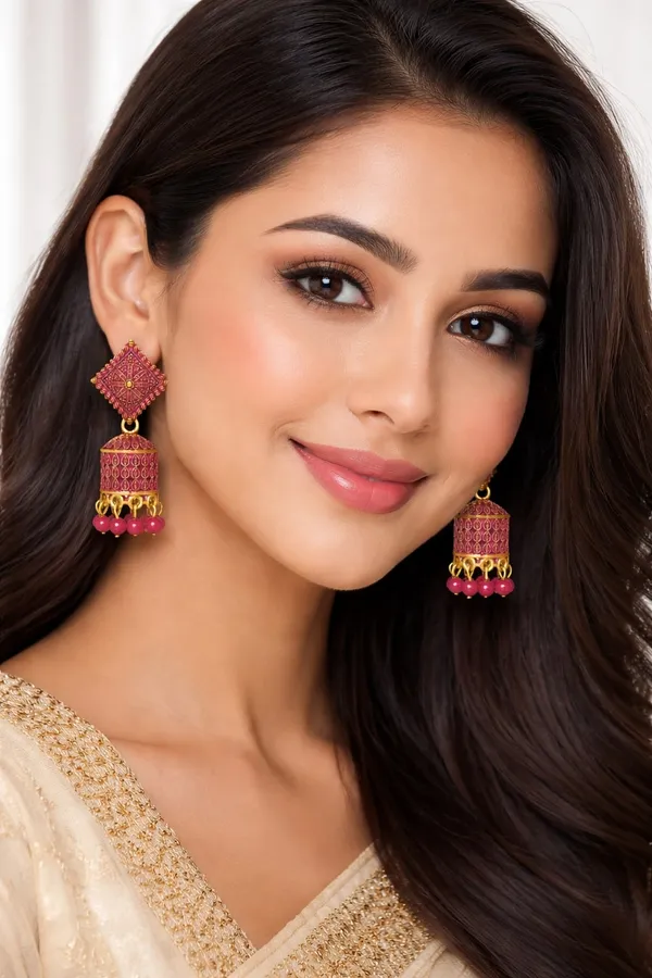 Magenta_And_Gold_Tone_Jhumka_Earrings