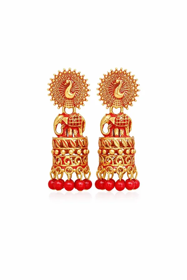 Gold_Tone_Peacock_And_Elephant_Motif_Jhumka_Earrings_Red_Bead_Drops.