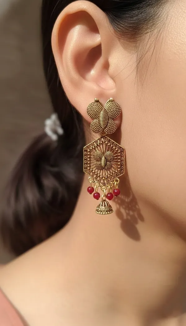 Gold_Toned_&_Maroon_Butterfly_Hexagon_Jhumka_Earrings