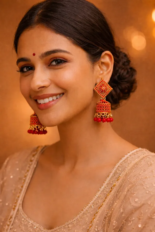 Red_And_Gold_Jhumka_Earrings_With_Textured_Square_Studs_And_Glossy_Bead_Danglers_For_A_Festive_Ethnic_Look