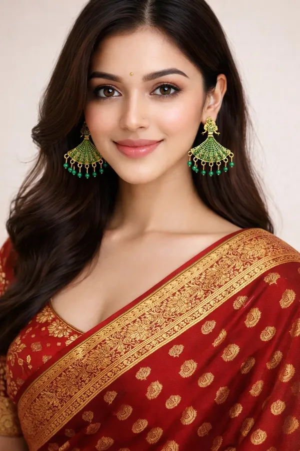 Gold_Tone_Earrings_Dancing_Woman_Motifs_With_Green_Bead