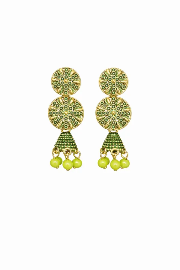 Gold_Toned_Circular_Jhumka_Earrings_With_Green_Bead_Danglers