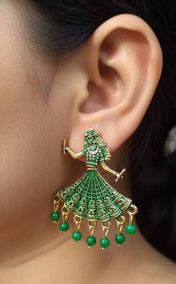 Gold_Tone_Earrings_Dancing_Woman_Motifs_With_Green_Bead