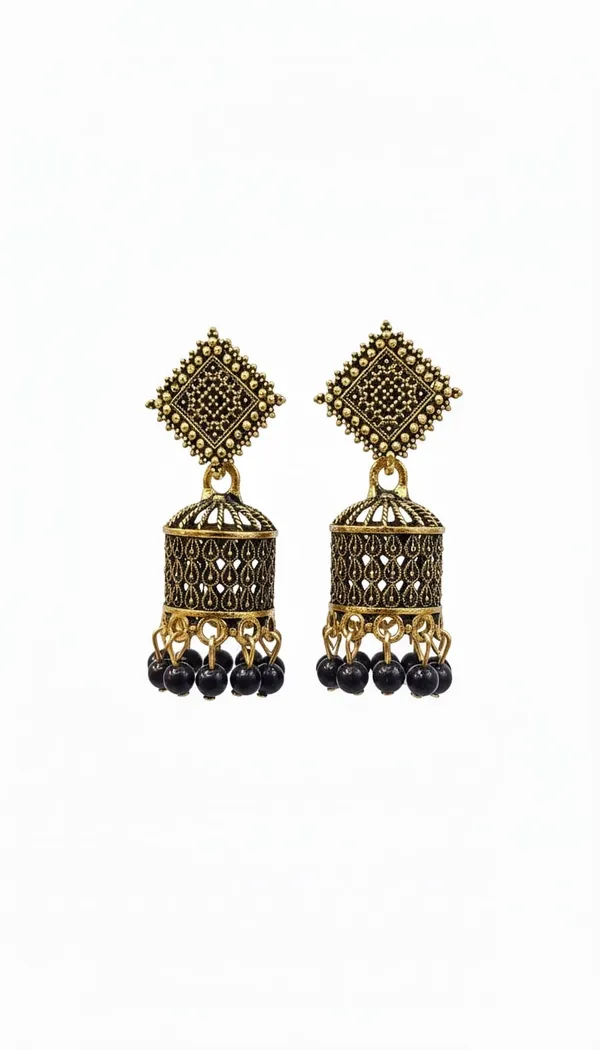 Black_And_Gold_Jhumka_Earrings_With_Textured_Square_Studs_And_Glossy_Bead_Danglers_For_A_Festive_Ethnic_Look
