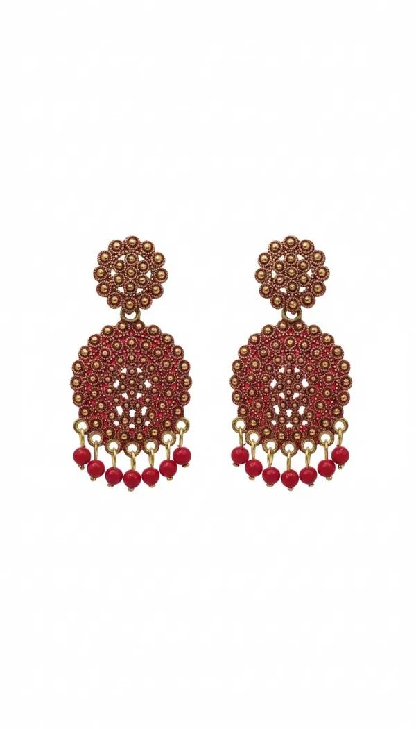 Gold_Tone_Textured_Earrings_With_Red_Bead_Danglers