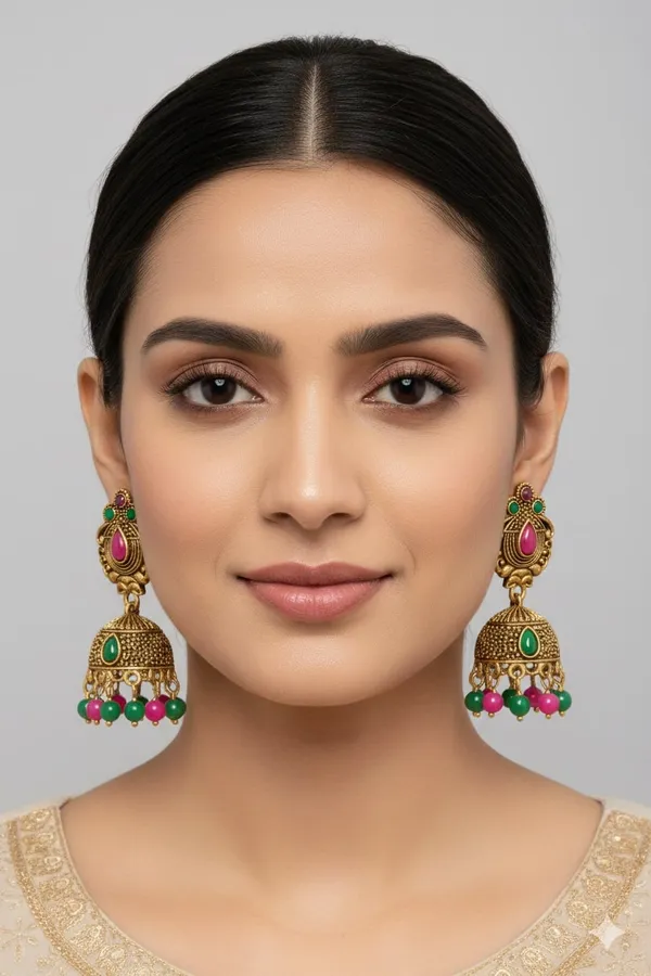 Traditional_Gold_Plated_Jhumkas_With_Pink_&_Green_Beads