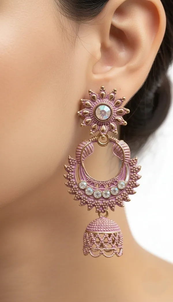 Intricately_Crafted_Pink_And_Gold_Traditional_Jhumka_Earrings