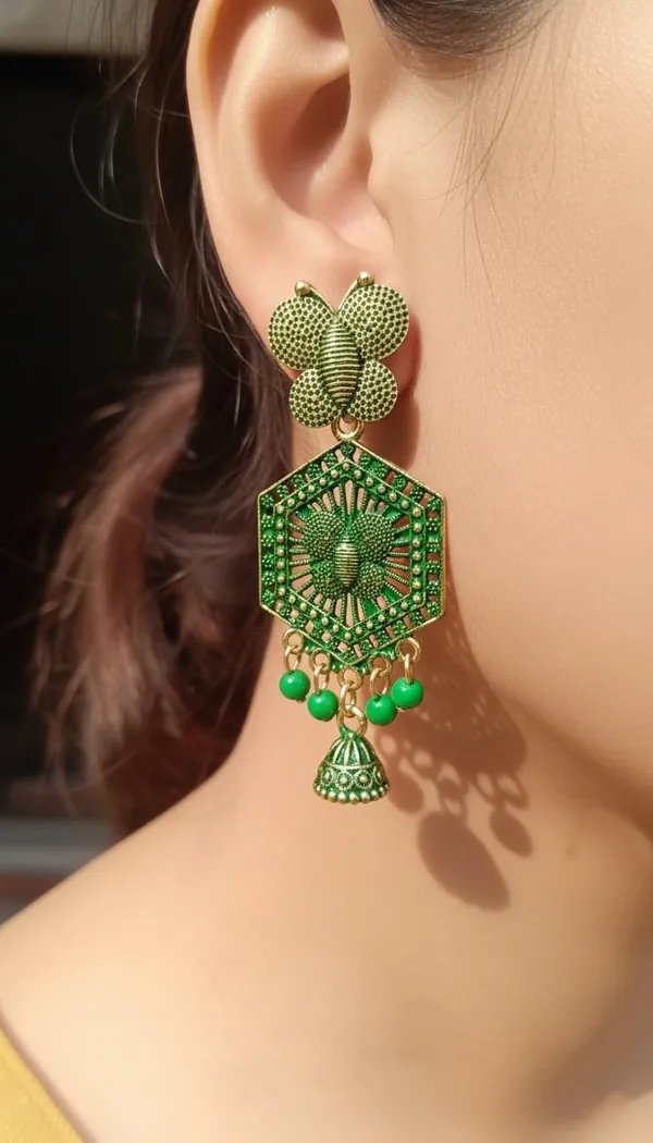 Gold_Toned_&_Green_Butterfly_Hexagon_Jhumka_Earrings