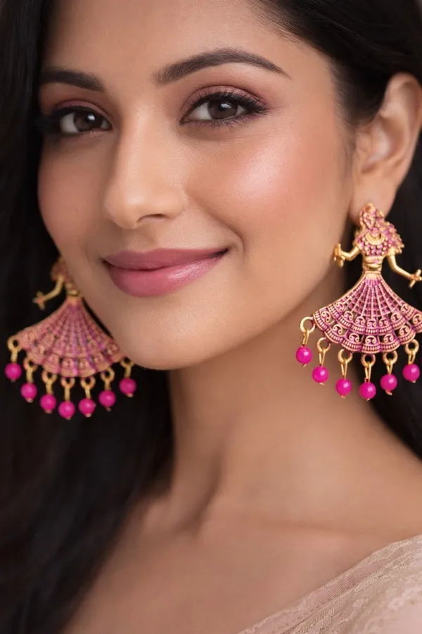Gold_Tone_Earrings_Dancing_Woman_Motifs_With_Rani_Pink_Bead