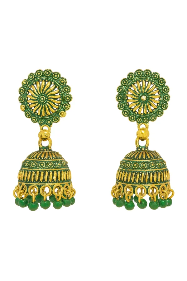 Gold_Tone_Jhumka_Earrings_With_Intricate_Detailing_And_Green_Bead_Drops