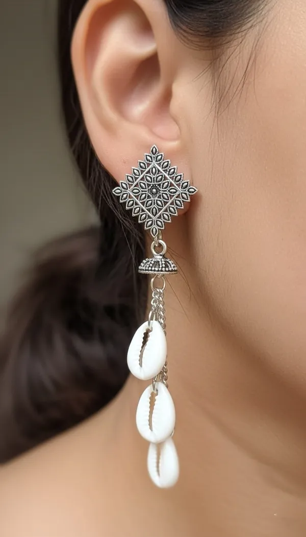 Square_Silver_Tone_Stud_Earrings_With_Cascading_Chain_Drops