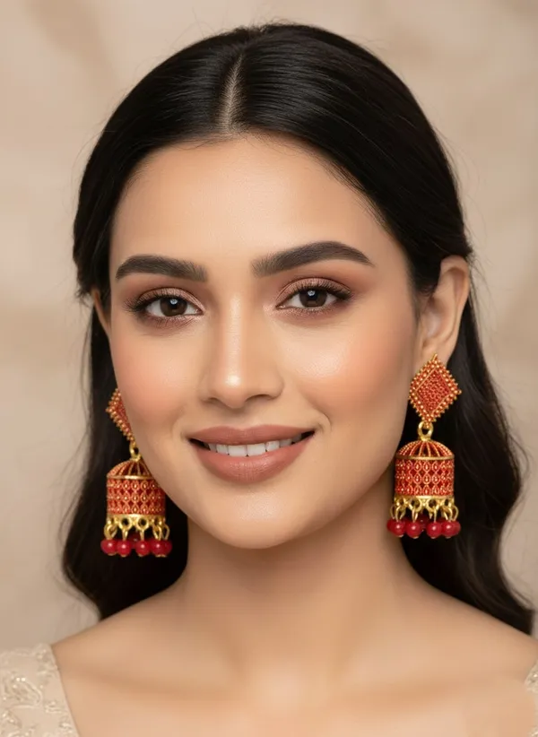 Red_And_Gold_Jhumka_Earrings_With_Textured_Square_Studs_And_Glossy_Bead_Danglers_For_A_Festive_Ethnic_Look