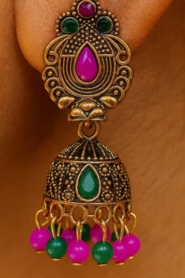 Traditional_Gold_Plated_Jhumkas_With_Pink_&_Green_Beads