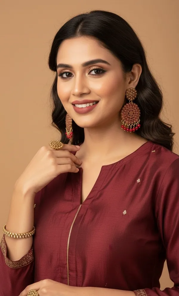 Gold_Tone_Textured_Earrings_With_Red_Bead_Danglers