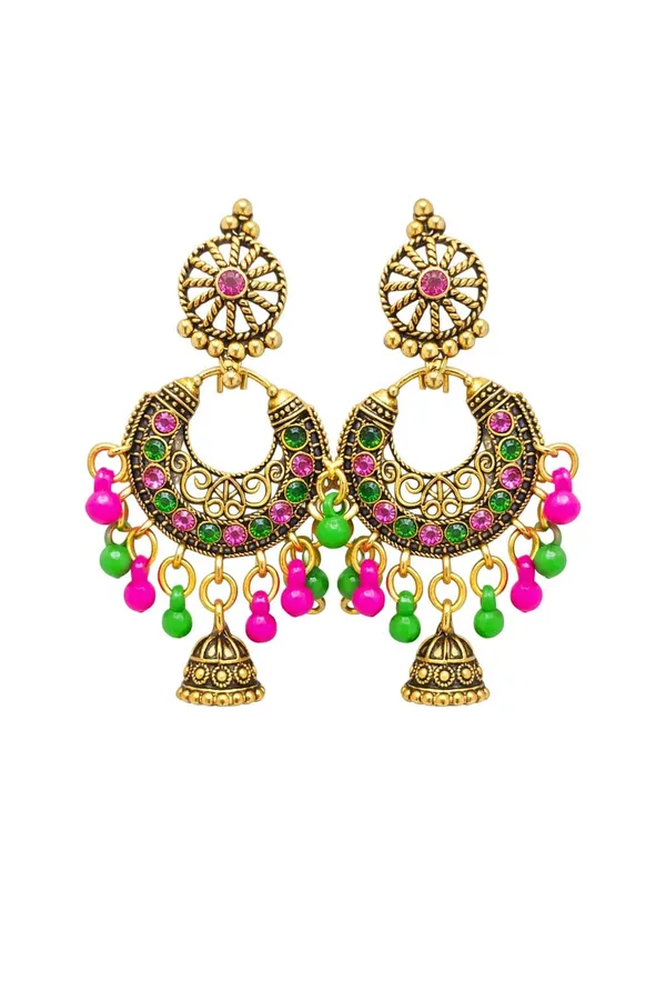 Antique_Gold_Chandbali_Earrings_With_Pink_&_Green_Stones_And_Jhumka_Drops