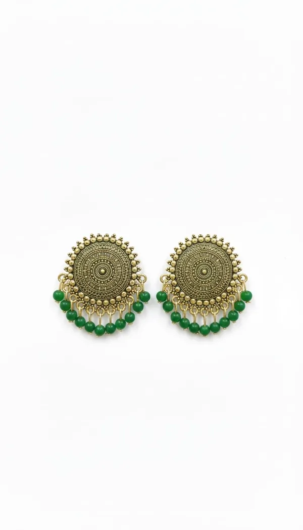 Antique_Gold_Tone_Circular_Dangler_Earrings_With_Intricate_Detailing_And_Vibrant_Green_Bead_Drops
