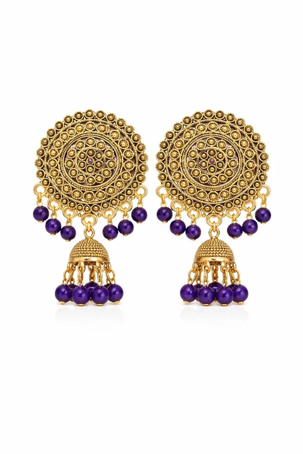 Gold_Circular_Stud_Earrings_With_Intricate_Detailing,_Blue_Bead_Danglers