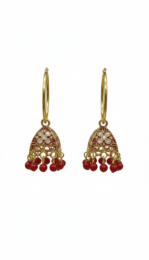 Gold_Tone_Hoop_Jhumka_Earrings_With_Red_Beads
