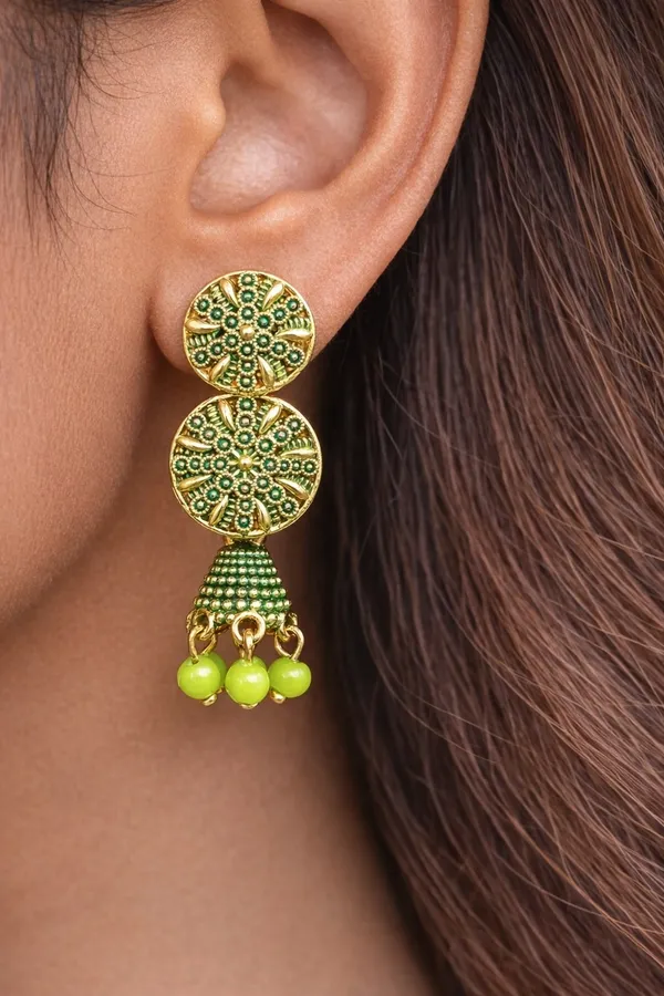 Gold_Toned_Circular_Jhumka_Earrings_With_Green_Bead_Danglers