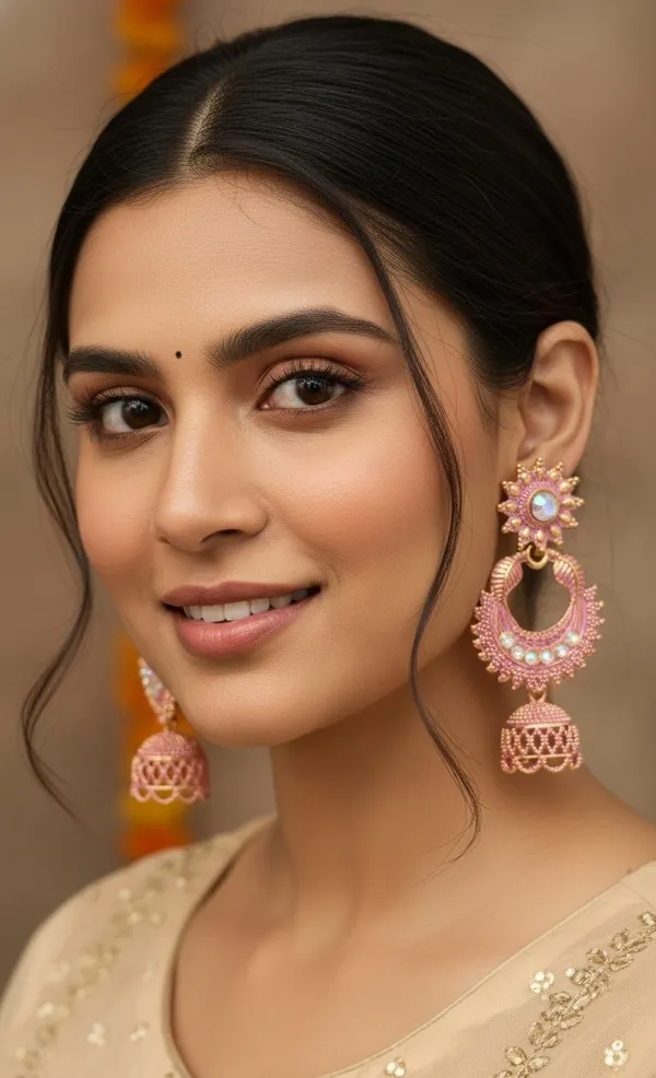 Intricately_Crafted_Pink_And_Gold_Traditional_Jhumka_Earrings