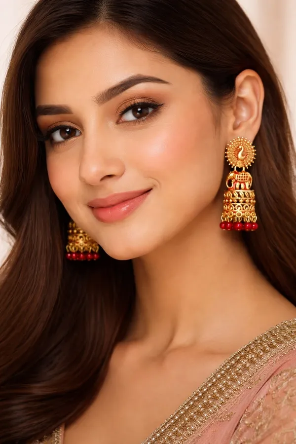 Gold_Tone_Peacock_And_Elephant_Motif_Jhumka_Earrings_Red_Bead_Drops.
